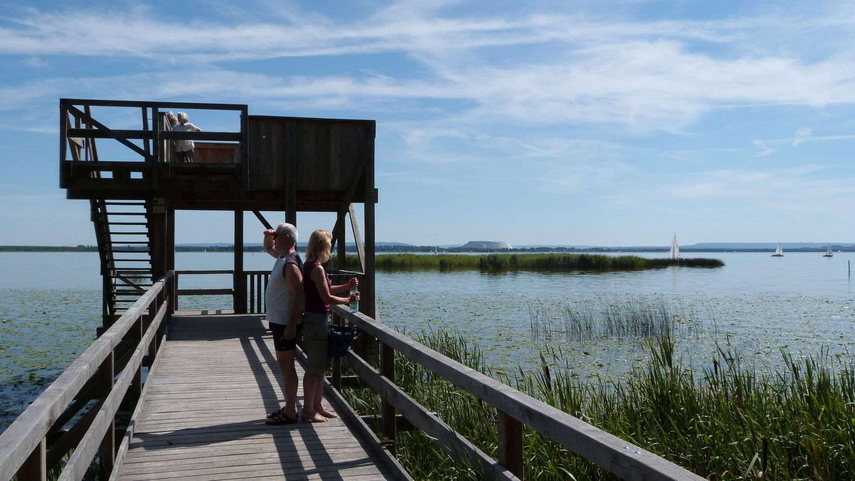 Aussichtsturm Neue Moorhütte Der Aussichtsturm an der neuen Moorhütte in Mardorf, ein Pärchen steht auf dem Steg zum Turm und schaut in unterschiedliche Richtungen über das Steinhuder Meer