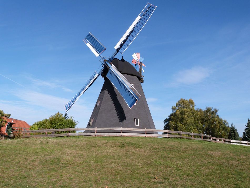 Windmühle Paula Die Windmühle Paula in Steinhude. Sie steht auf einer Rasenerhöhung und hat blaue Flügel.